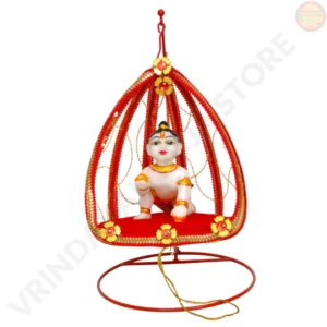 Vrindavan Puja Store Metal Laddu Gopal Jhula (Standing/Hanging) for 4-6 No. deities, with gold sequin trim and circular base.