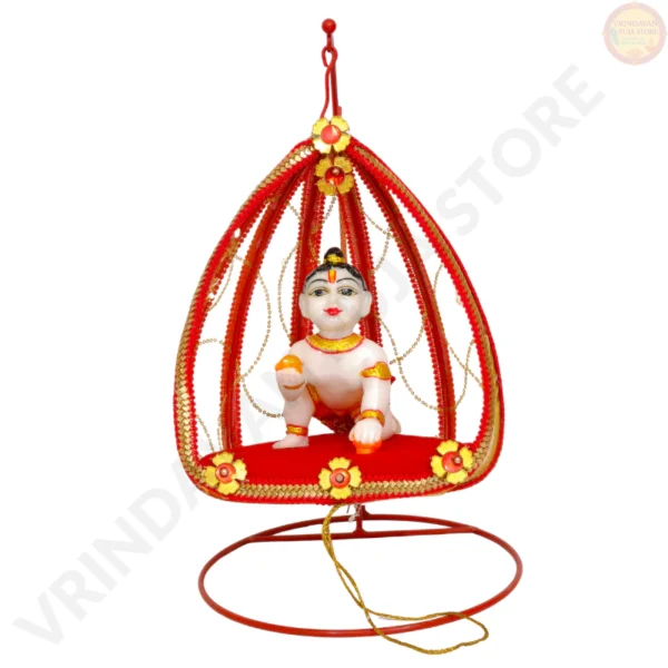Vrindavan Puja Store Metal Laddu Gopal Jhula (Standing/Hanging) for 4-6 No. deities, with gold sequin trim and circular base.