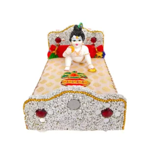 Laddu Gopal Kalash Wooden Bed decorated with stones and kalash embroidery