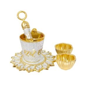 Decorative Mini Pichkari Set with Two Bowls – Gold Finish Festival Display Accessory