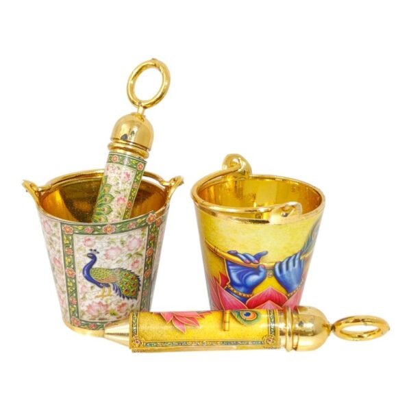 Decorative Pichkari Bucket Set gold finish festival decor pack of 2