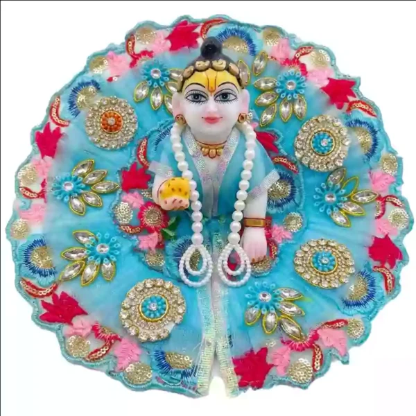 Laddu Gopal Dress with designer embroidery work and heavy stone embellishments for Janmashtami from Vrindavan Puja Store.
