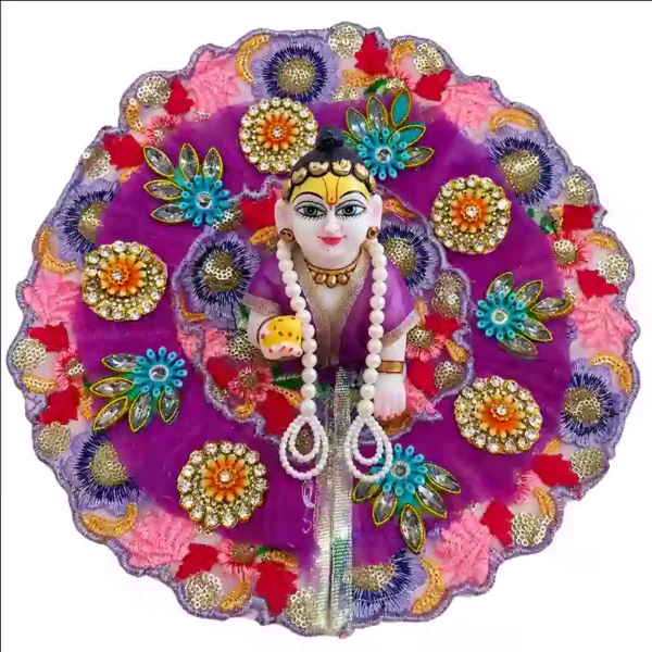 Laddu Gopal Dress with designer embroidery work and heavy stone embellishments for Janmashtami from Vrindavan Puja Store.