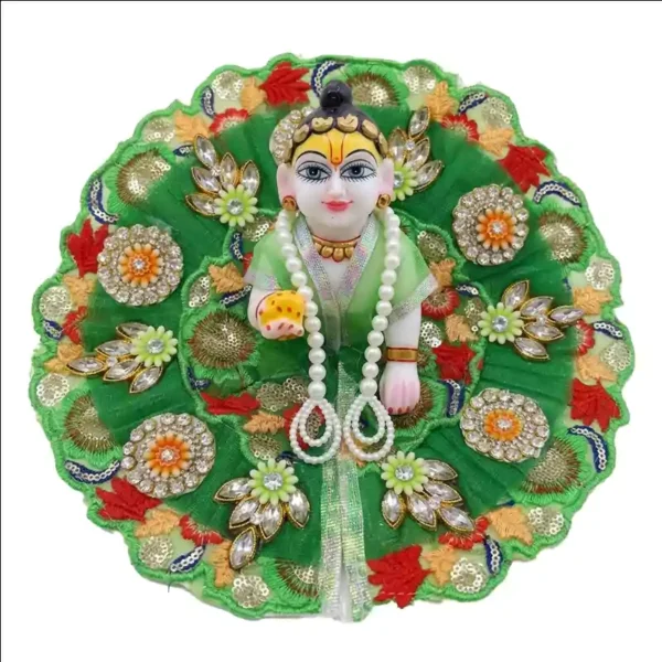 Laddu Gopal Dress with designer embroidery work and heavy stone embellishments for Janmashtami from Vrindavan Puja Store.