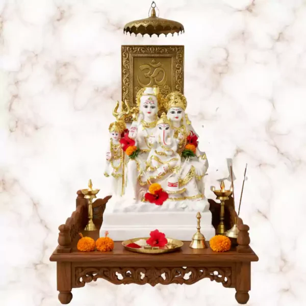 Shiv Parivar idol with Shiva Parvati Ganesh Kartikeya marble look golden