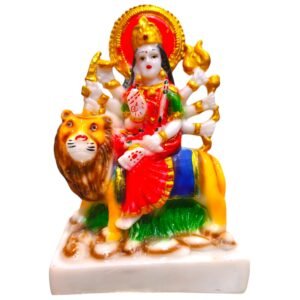 Handcrafted Durga Marble Dust Statue with Lion – Decorative Multicolor Idol for Home Decor