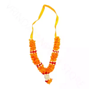Handmade orange ribbon fabric mala with bead detailing for decorative display