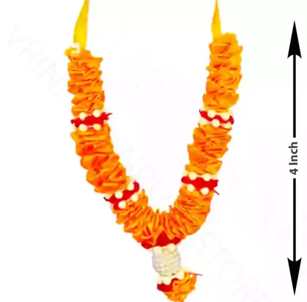 Handmade orange ribbon fabric mala with bead detailing for decorative display
