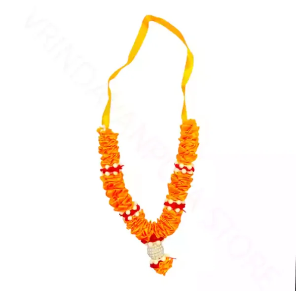 Handmade orange ribbon fabric mala with bead detailing for decorative display