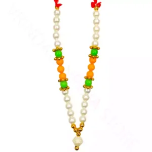White pearl bead mala with orange and green beads for decorative use