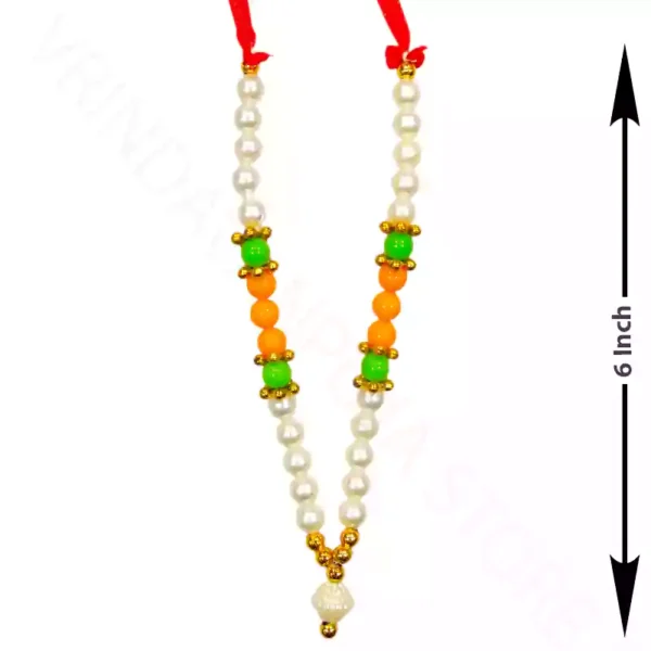 White pearl bead mala with orange and green beads for decorative use