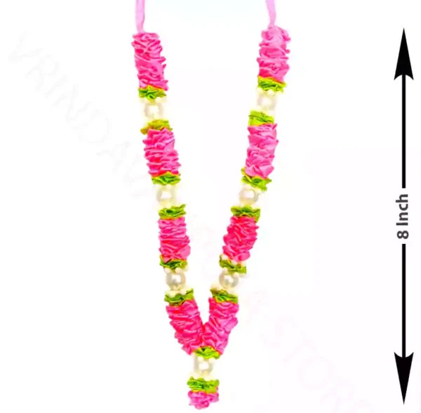 Handmade pink ribbon mala with pearl beads for idols and photo frames