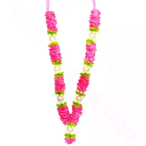 Handmade pink ribbon mala with pearl beads for idols and photo frames