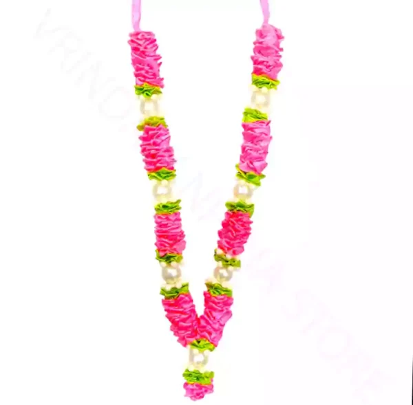 Handmade pink ribbon mala with pearl beads for idols and photo frames