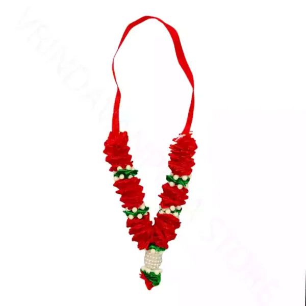 Handmade red ribbon mala with pearl beads for decorative use