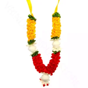 Handmade yellow red ribbon mala for decorative use on idols and photo frames