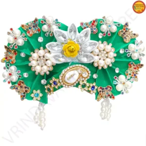 Premium hand-beaded green pagri for Laddu Gopal idols, size 7-9.