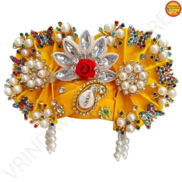 Premium hand-beaded yellow pagri for Laddu Gopal idols, size 7-9.