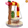 Ornate wooden Ladoo Gopal Jhula with red and yellow floral accents from Vrindavan Puja Store.