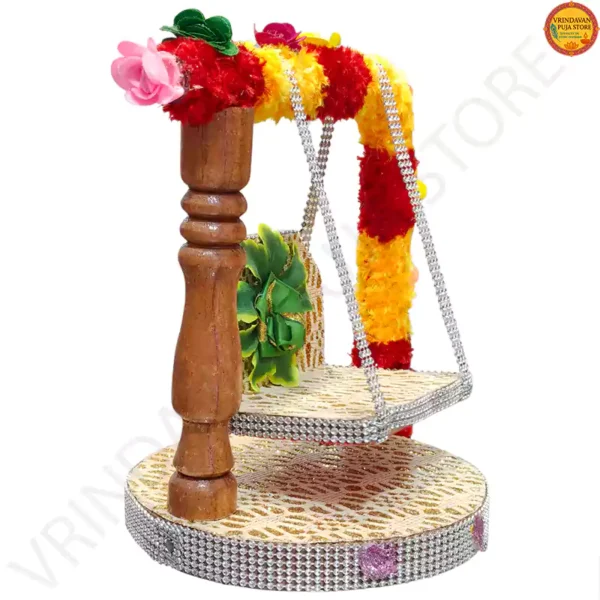 Ornate wooden Ladoo Gopal Jhula with red and yellow floral accents from Vrindavan Puja Store.