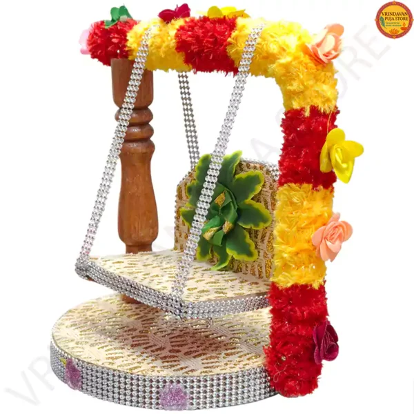Ornate wooden Ladoo Gopal Jhula with red and yellow floral accents from Vrindavan Puja Store.