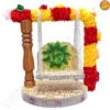 Ornate wooden Ladoo Gopal Jhula with red and yellow floral accents from Vrindavan Puja Store.