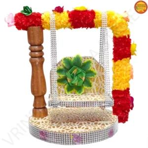 Ornate wooden Ladoo Gopal Jhula with red and yellow floral accents from Vrindavan Puja Store.
