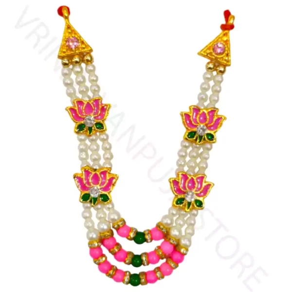 Handcrafted 3-layer Lotus Pearl Mala for Laddu Gopal Ji, featuring 1 pink lotus motif, available at Vrindavan Puja Store.