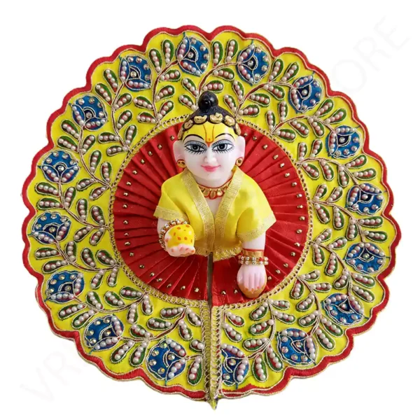 A premium designer Laddu Gopal dress featuring intricate floral embroidery and exquisite beadwork for festive Shringar