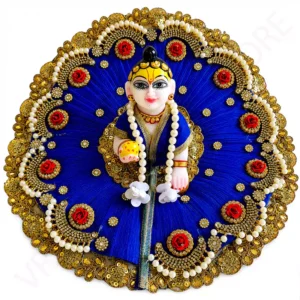 Heavy Laddu Gopal dress set in blue and red with intricate gold embroidery, perfect for Janmashtami size 6 idols