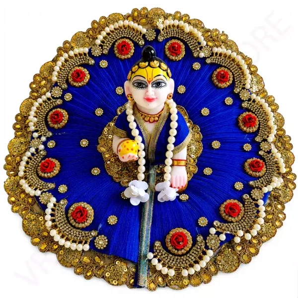Heavy Laddu Gopal dress set in blue and red with intricate gold embroidery, perfect for Janmashtami size 6 idols