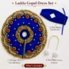Heavy Laddu Gopal dress set in blue and red with intricate gold embroidery, perfect for Janmashtami size 6 idols