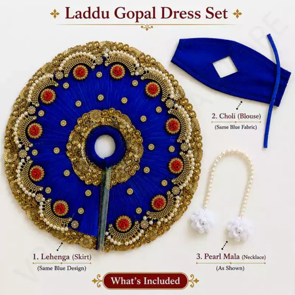 Heavy Laddu Gopal dress set in blue and red with intricate gold embroidery, perfect for Janmashtami size 6 idols