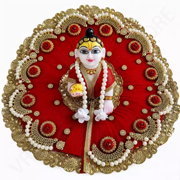 Heavy Laddu Gopal dress set in blue and red with intricate gold embroidery, perfect for Janmashtami size 6 idols