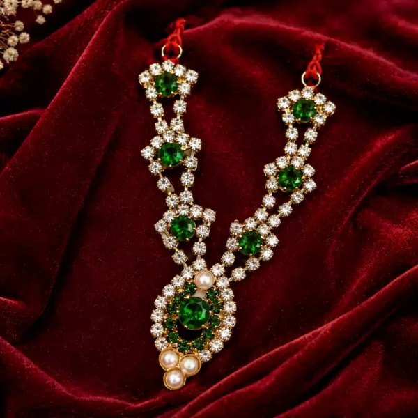 Elegant green stone work designer mala for Radha Rani and Thakur Ji idols.