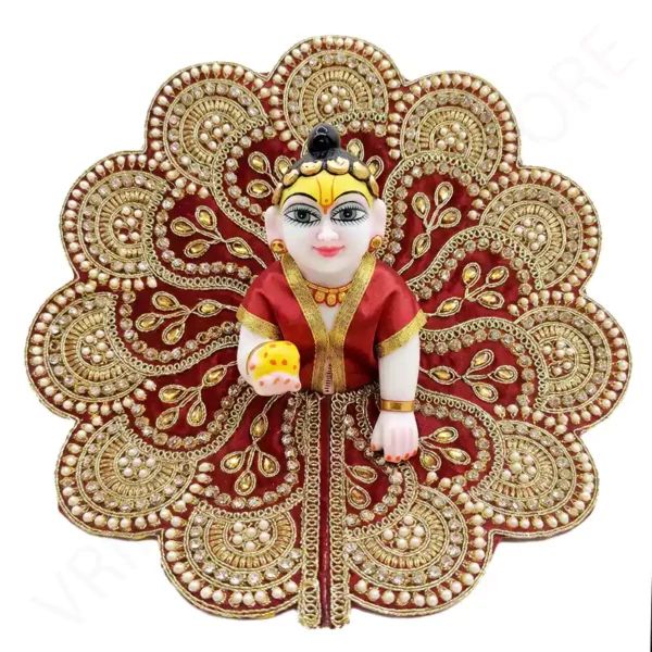 Premium Janmashtami special designer Laddu Gopal dress with intricate gold embroidery, available in 6 colors at Vrindavan Puja Store.