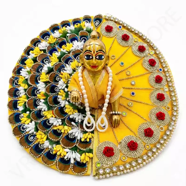 Yellow Laddu Gopal Dress Designer Poshak with Peacock Floral Backdrop