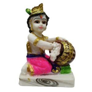 Beautiful 5-inch premium Makhan Chor Krishna Statue eating butter from a pot, hand-painted Marble Dust Bal Krishna Idol by Vrindavan Puja Store.