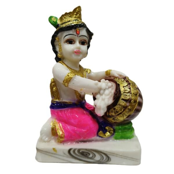 Beautiful 5-inch premium Makhan Chor Krishna Statue eating butter from a pot, hand-painted Marble Dust Bal Krishna Idol by Vrindavan Puja Store.