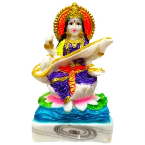 Beautiful 5-inch premium Handmade Marble Dust God Maa Saraswati Statue sitting on a lotus holding a Veena, by Vrindavan Puja Store.