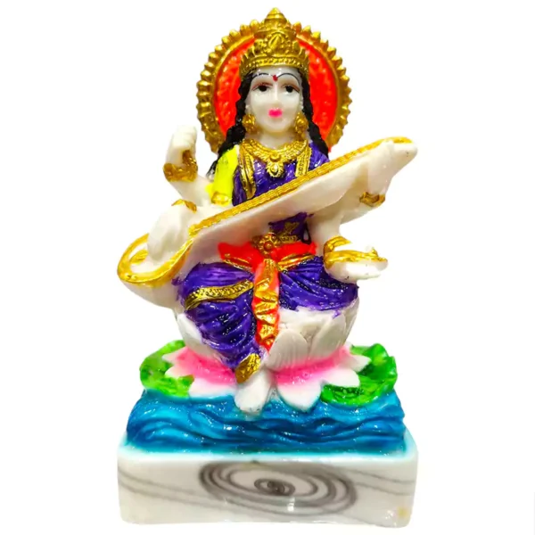 Beautiful 5-inch premium Handmade Marble Dust God Maa Saraswati Statue sitting on a lotus holding a Veena, by Vrindavan Puja Store.