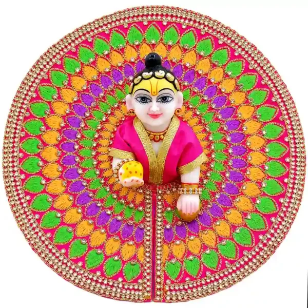 Beautiful laddu gopal dress for janmashtmi featuring heavy jarkan work and multi-color thread embroidery. Premium thakur ji poshak by Vrindavan Puja Store.