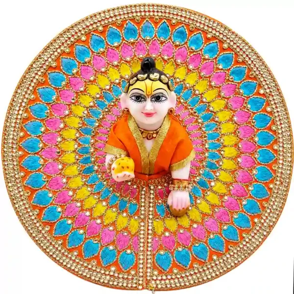 Beautiful laddu gopal dress for janmashtmi featuring heavy jarkan work and multi-color thread embroidery. Premium thakur ji poshak by Vrindavan Puja Store.