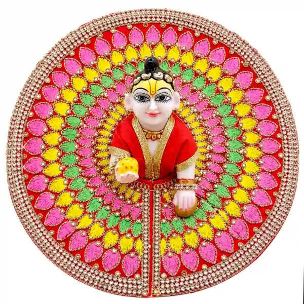 Beautiful laddu gopal dress for janmashtmi featuring heavy jarkan work and multi-color thread embroidery. Premium thakur ji poshak by Vrindavan Puja Store.