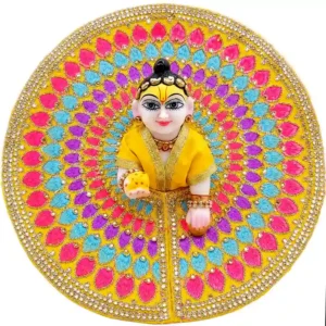 Beautiful laddu gopal dress for janmashtmi featuring heavy jarkan work and multi-color thread embroidery. Premium thakur ji poshak by Vrindavan Puja Store.
