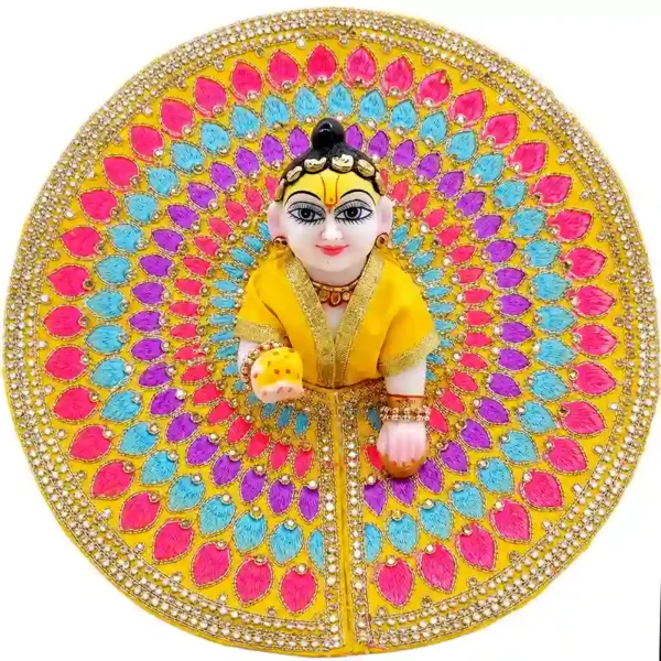 Beautiful laddu gopal dress for janmashtmi featuring heavy jarkan work and multi-color thread embroidery. Premium thakur ji poshak by Vrindavan Puja Store.