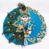 Beautiful laddu gopal heavy dress with pagri featuring real peacock feathers and kundan work, Janmashtami special poshak in 3 colors by Vrindavan Puja Store.
