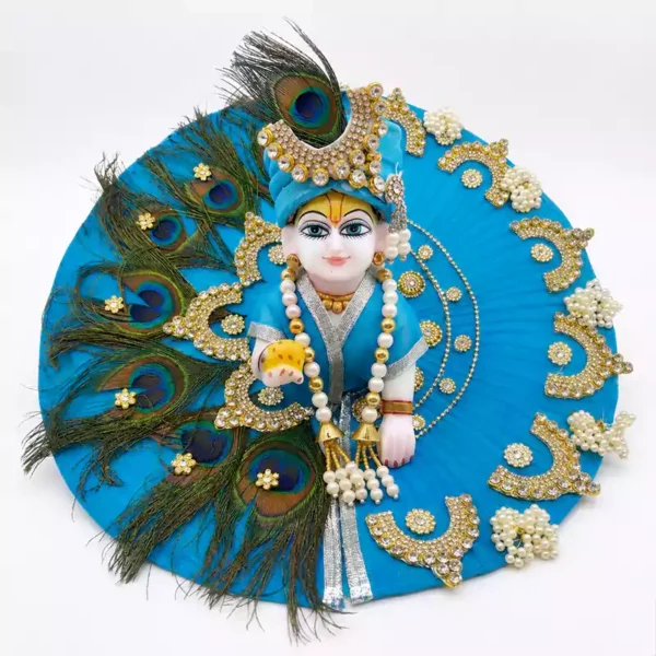 Beautiful laddu gopal heavy dress with pagri featuring real peacock feathers and kundan work, Janmashtami special poshak in 3 colors by Vrindavan Puja Store.