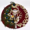 Beautiful laddu gopal heavy dress with pagri featuring real peacock feathers and kundan work, Janmashtami special poshak in 3 colors by Vrindavan Puja Store.