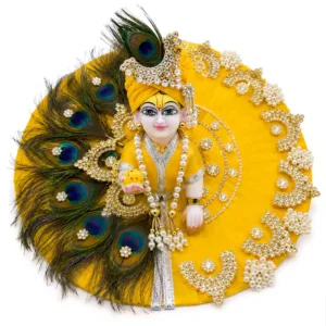 Beautiful laddu gopal heavy dress with pagri featuring real peacock feathers and kundan work, Janmashtami special poshak in 3 colors by Vrindavan Puja Store.
